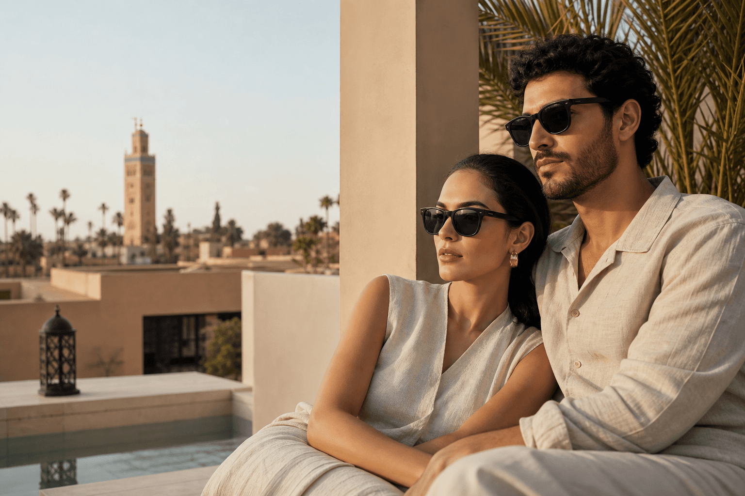 Couple portant des lunettes LUNALUXE dans un riad à Marrakech